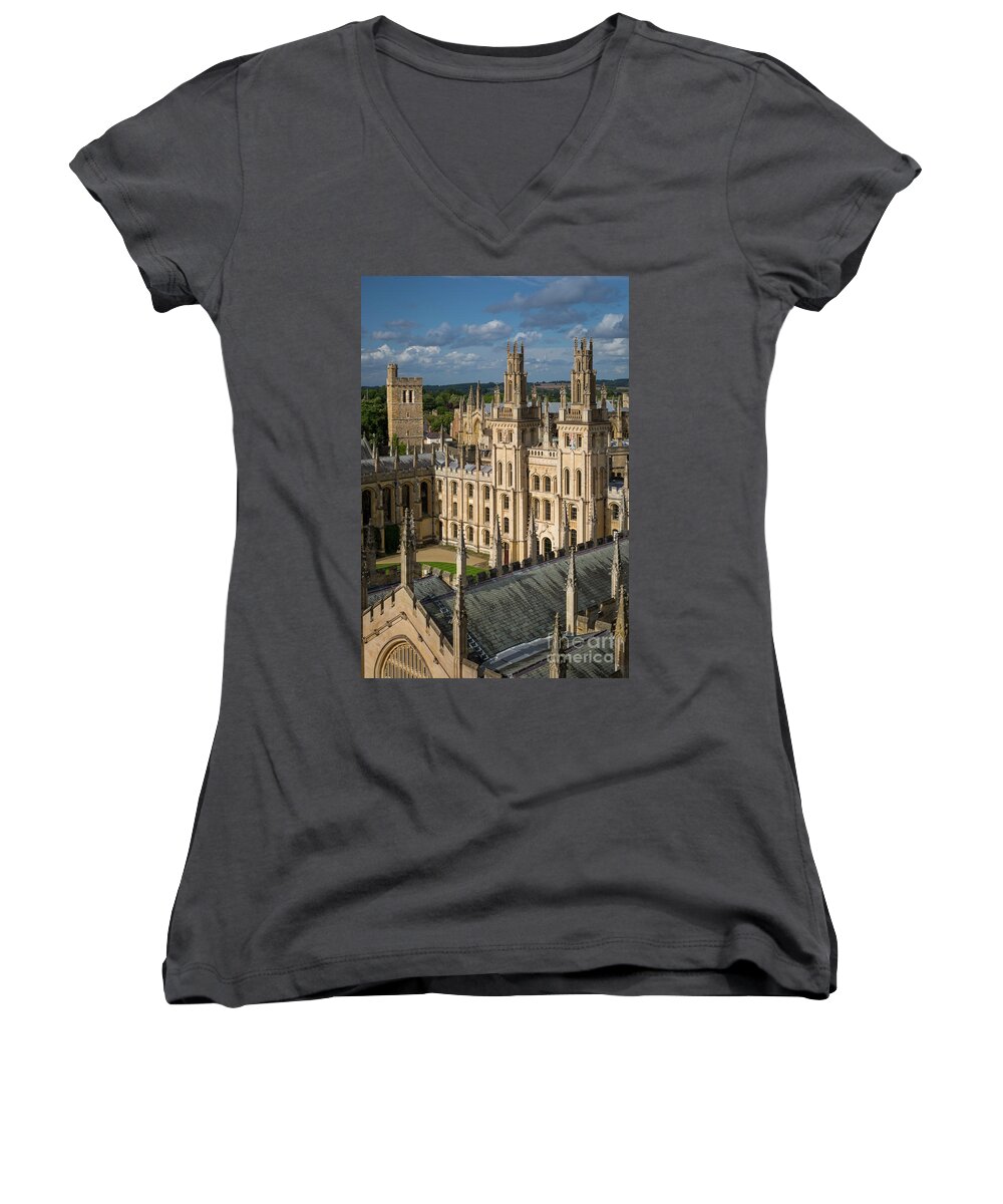 Oxford Women's V-Neck featuring the photograph Oxford Spires by Brian Jannsen