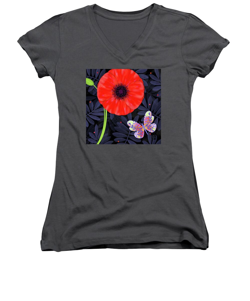 Letter Women's V-Neck featuring the mixed media P is for Pretty Poppy by Valerie Drake Lesiak