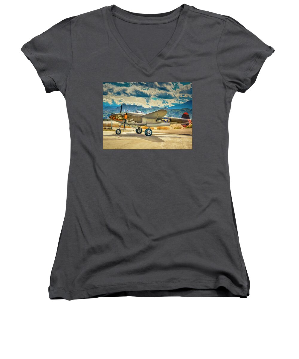 P-38 Lightening Women's V-Neck featuring the photograph P38 Fly In by Sandra Selle Rodriguez