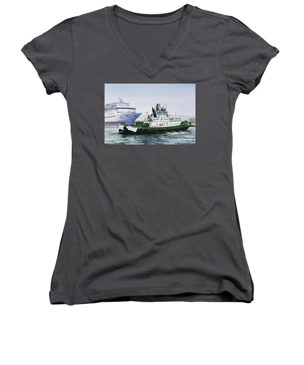 Pacific Escort Women's V-Neck featuring the painting PACIFIC ESCORT Cruise Ship Assist by James Williamson