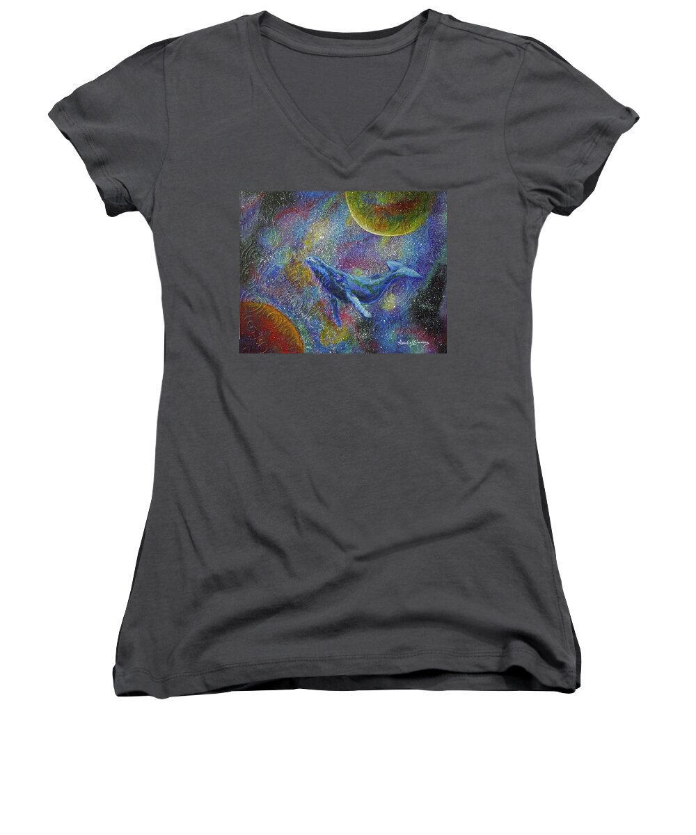 Whale In Space Women's V-Neck featuring the painting Pacific Whale in Space by Amelie Simmons