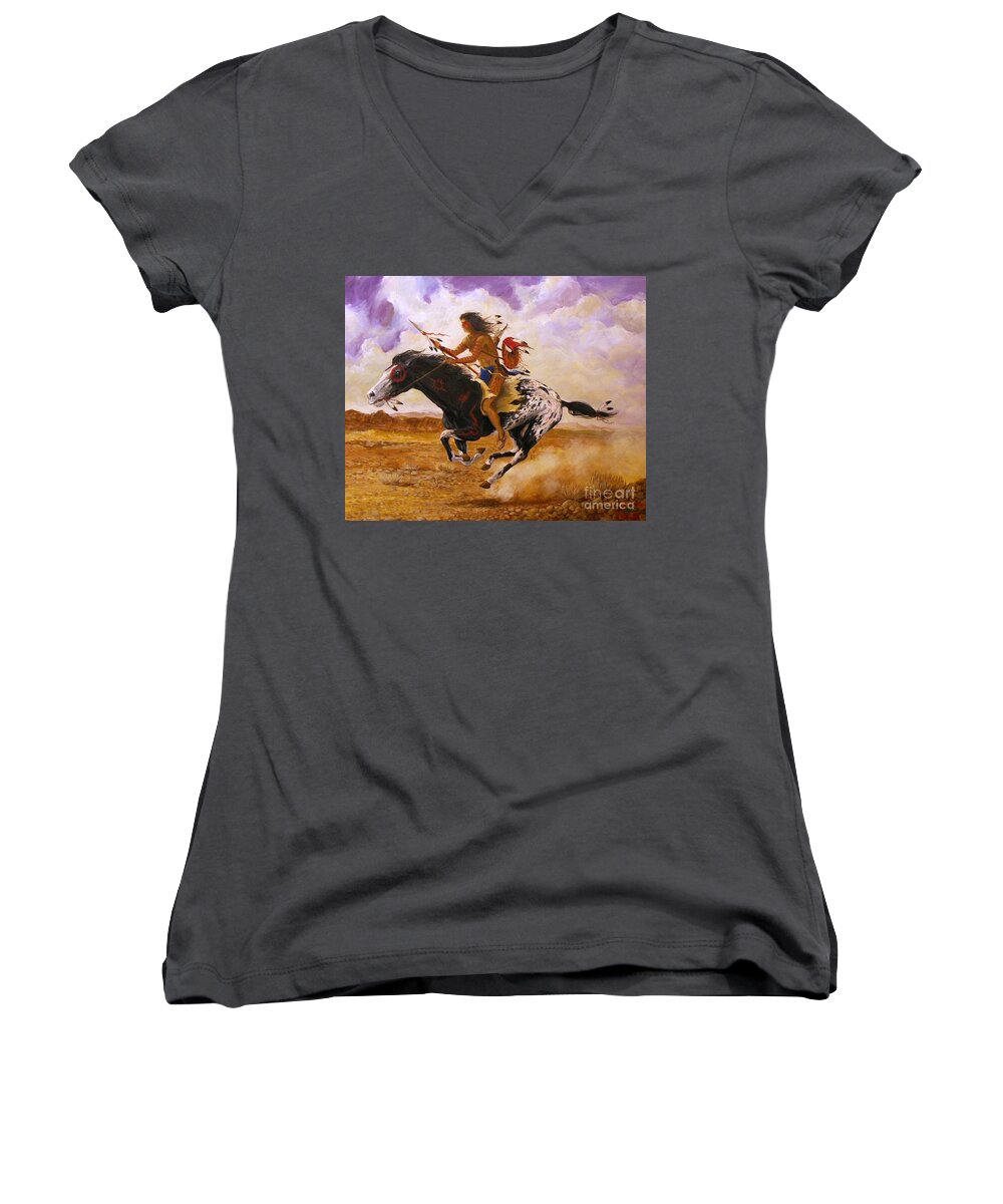Painted Arrow Women's V-Neck featuring the painting Painted Arrow by Perry's Fine Art