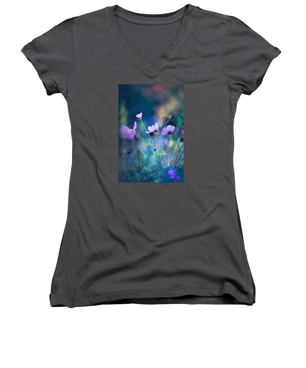 Painted Women's V-Neck featuring the photograph Painted Flowers by John Rivera
