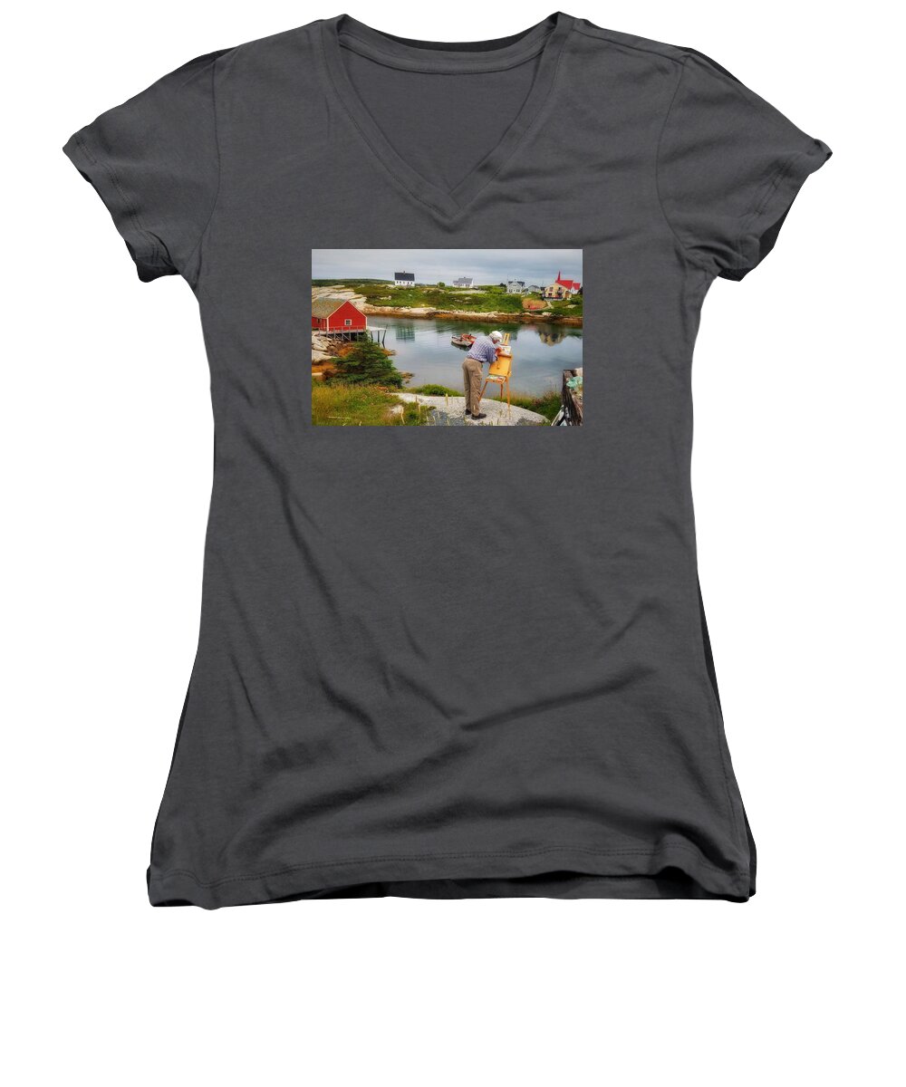 Art Women's V-Neck featuring the photograph Painting Peggys Cove by Mary Capriole