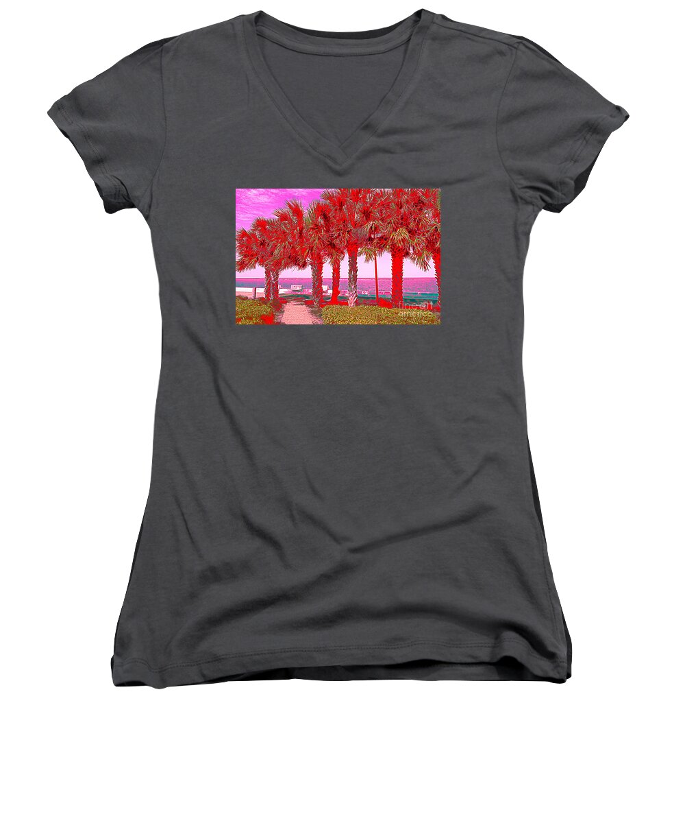 Bay Women's V-Neck featuring the photograph Palms in Red by Debra Martz