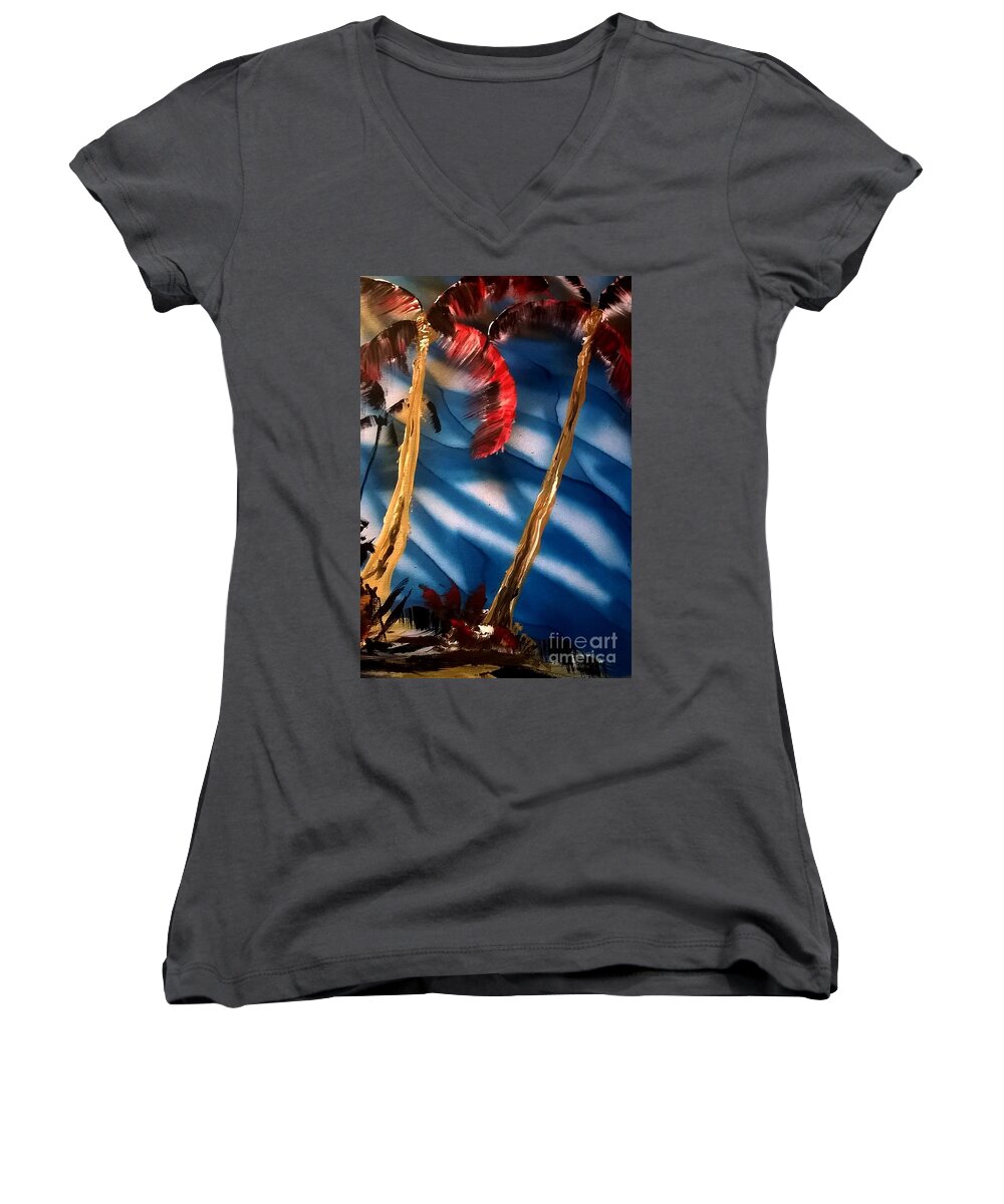 Palm Beach Ocean Florida Women's V-Neck featuring the painting Palms in the Breeze by James and Donna Daugherty