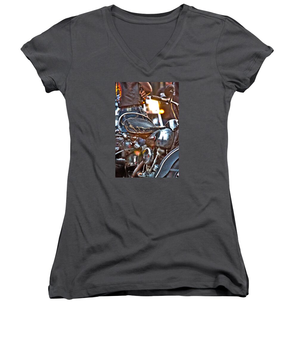 Harley Women's V-Neck featuring the photograph 002 - Panhead by David Ralph Johnson