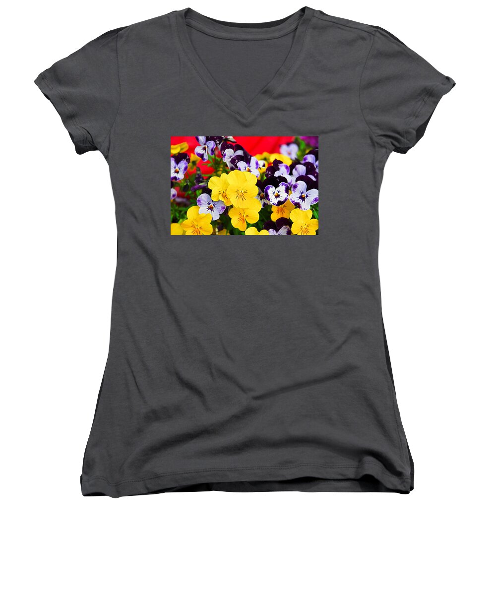 Pansies Women's V-Neck featuring the photograph Pansies and Red Cart by Robert Meyers-Lussier