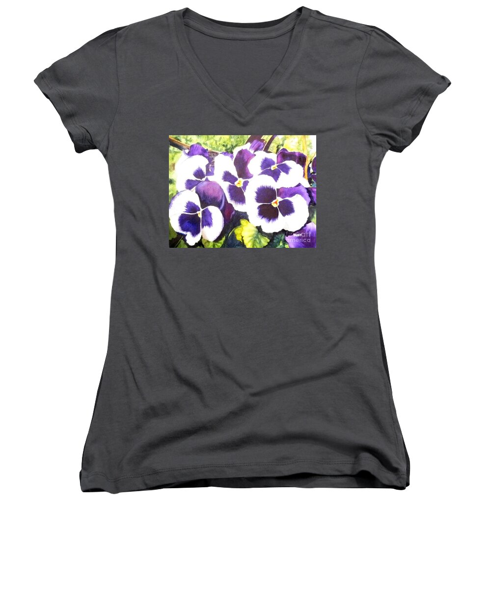 Pansy Women's V-Neck featuring the painting Pansy Party by Shirley Braithwaite Hunt