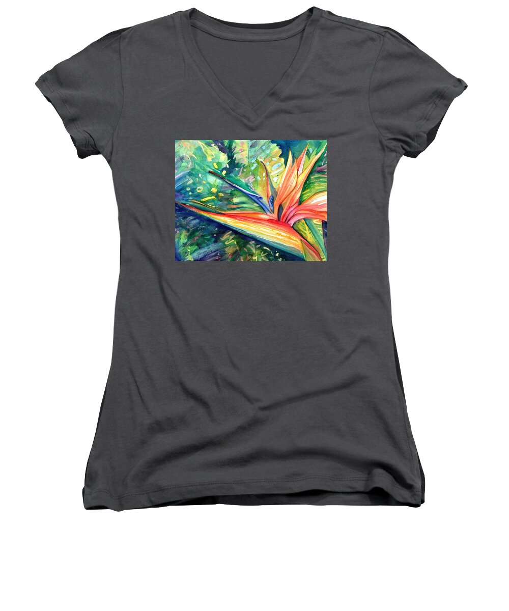 Bird Of Paradise Women's V-Neck featuring the painting Paradise in Bloom by Marionette Taboniar