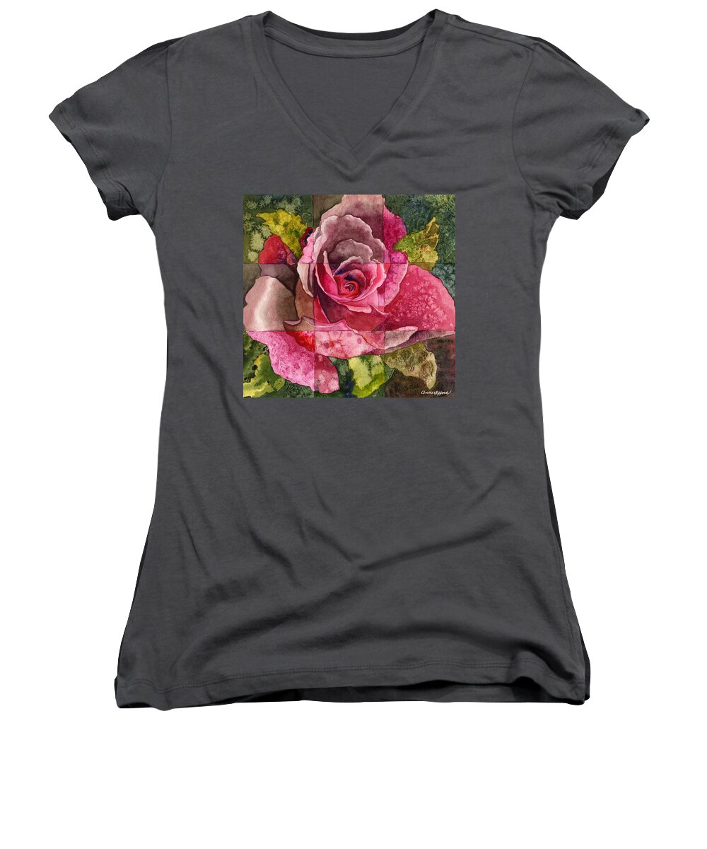 Red Rose Painting Women's V-Neck featuring the painting Partitioned Rose III by Anne Gifford