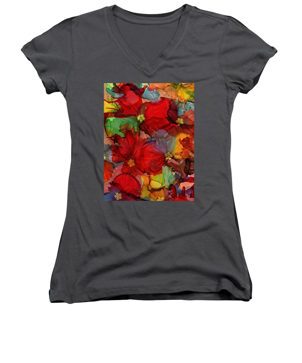 Abstract Women's V-Neck featuring the mixed media Passion of Flowers by Klara Acel