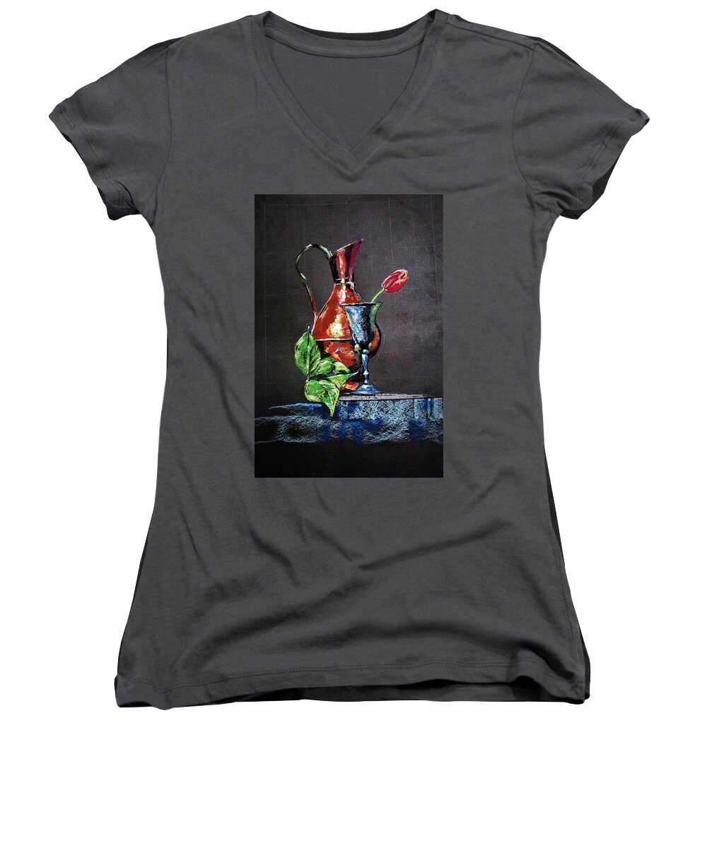 Still Life Women's V-Neck featuring the painting Pastel glow by Khalid Saeed