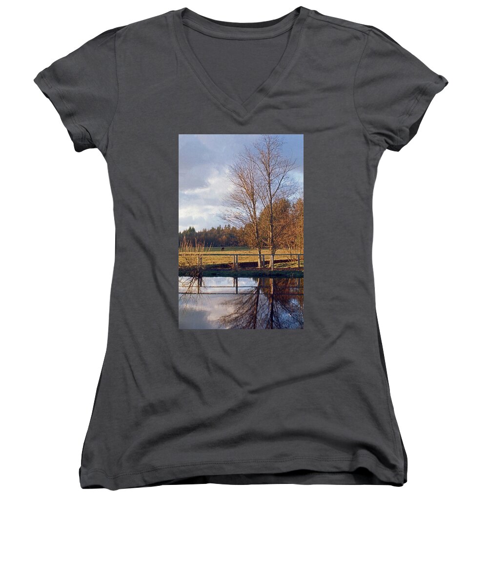 Pond Water Reflection Women's V-Neck featuring the photograph Pasture Pond by Laurie Stewart