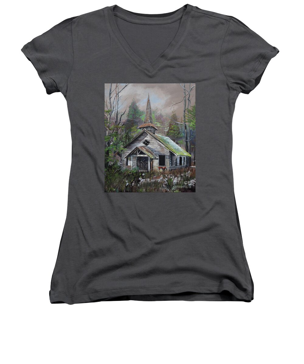 Church Women's V-Neck featuring the painting Patiently Waiting - Church Abandoned by Jan Dappen