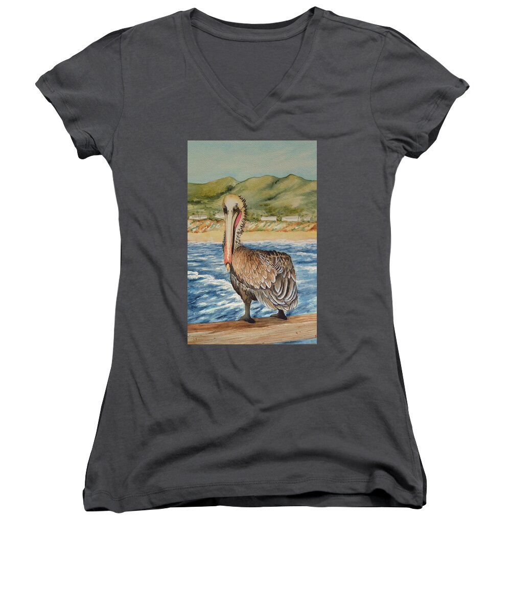 Pelican Women's V-Neck featuring the painting Paula's Pelican by Katherine Young-Beck