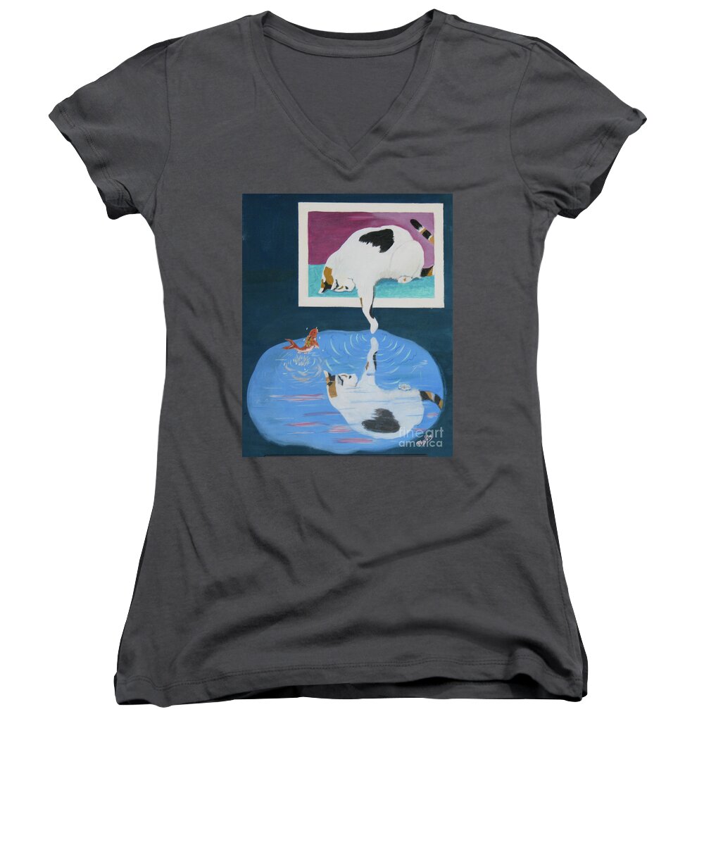 Calico Kitty Women's V-Neck featuring the painting Paws and Effect by Phyllis Kaltenbach