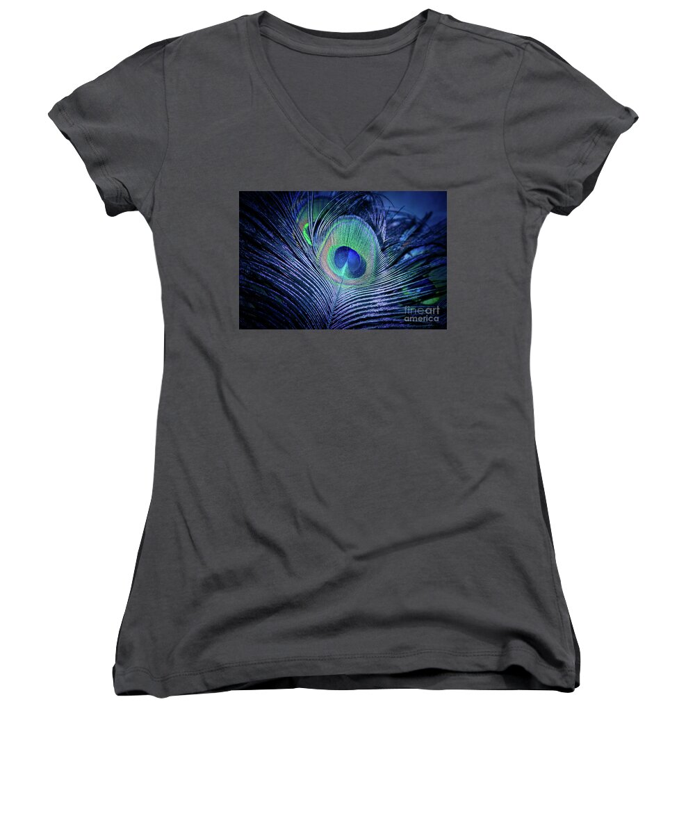 Peacock Women's V-Neck featuring the photograph Peacock Feather Blush by Sharon Mau