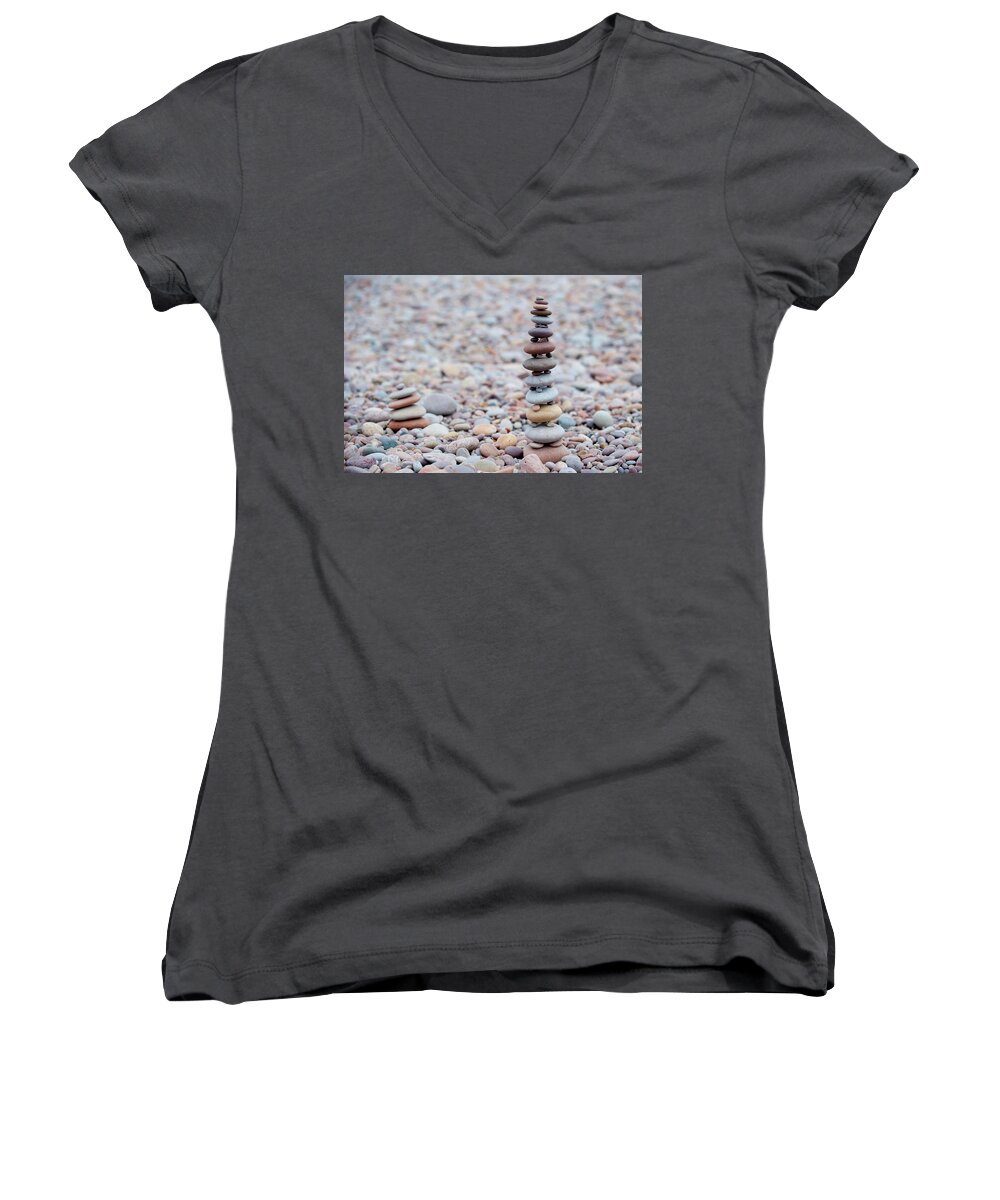 Beach Women's V-Neck featuring the photograph Pebble Stack ii by Helen Jackson
