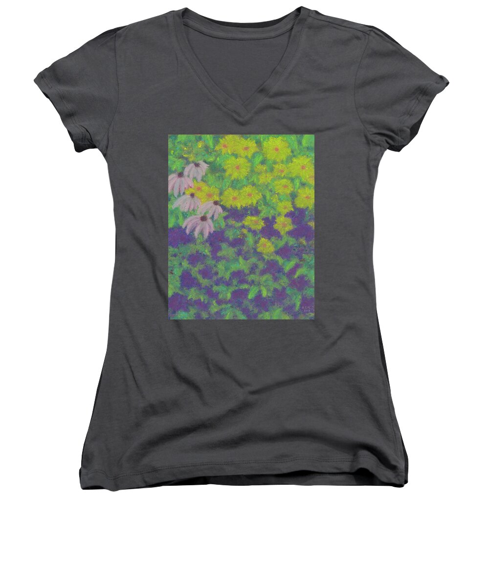 Summer Women's V-Neck featuring the pastel Peggy's Garden in Late Summer by Anne Katzeff