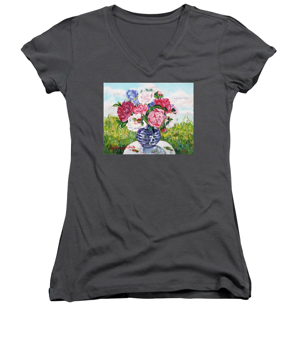 Flowers Women's V-Neck featuring the painting Peonies by Ingrid Dohm