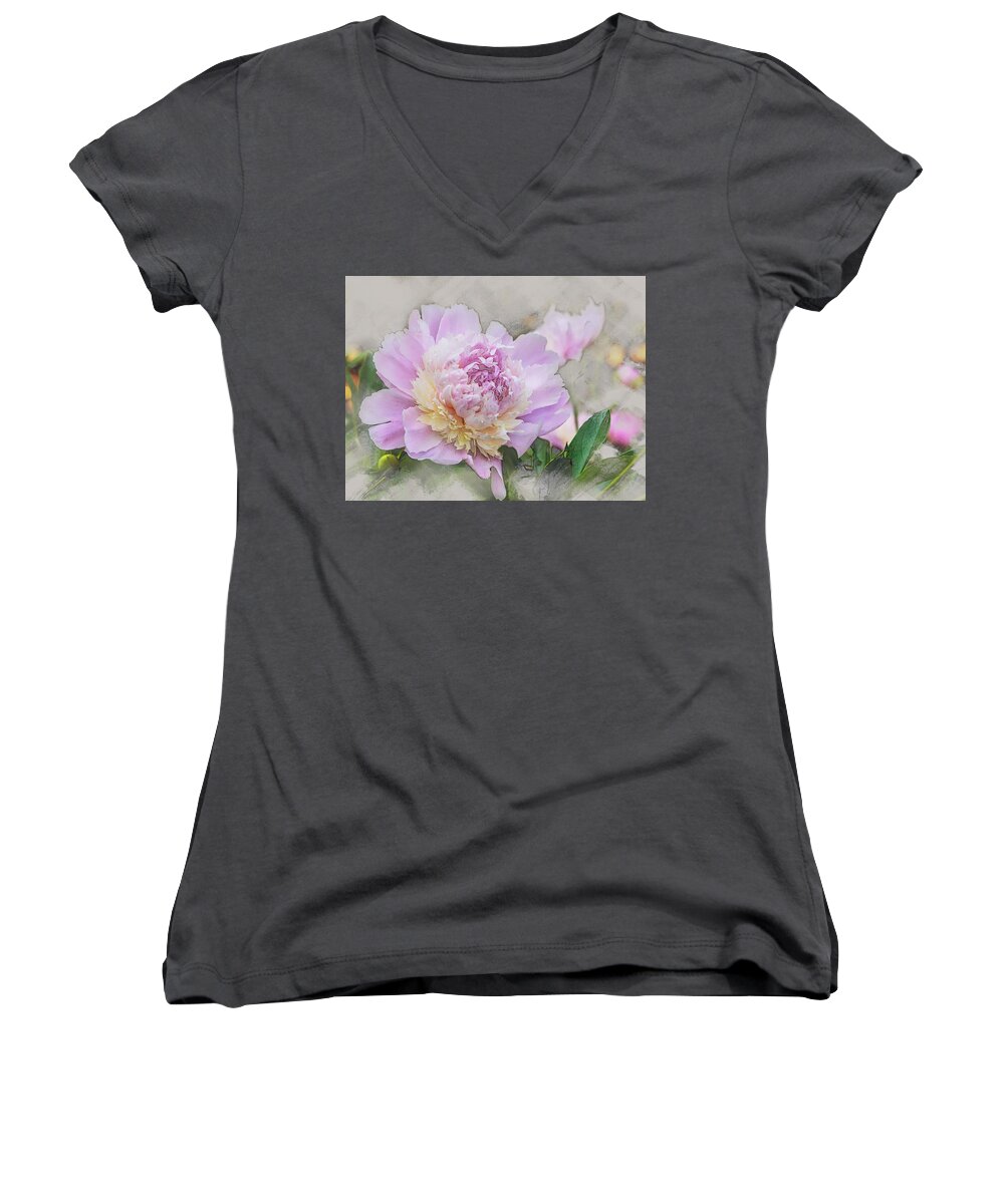 5dii Women's V-Neck featuring the digital art Peony 2 by Mark Mille