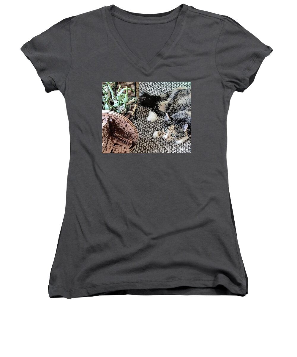 Cat Women's V-Neck featuring the digital art It's OK. It's just you being you... by Deb Nakano