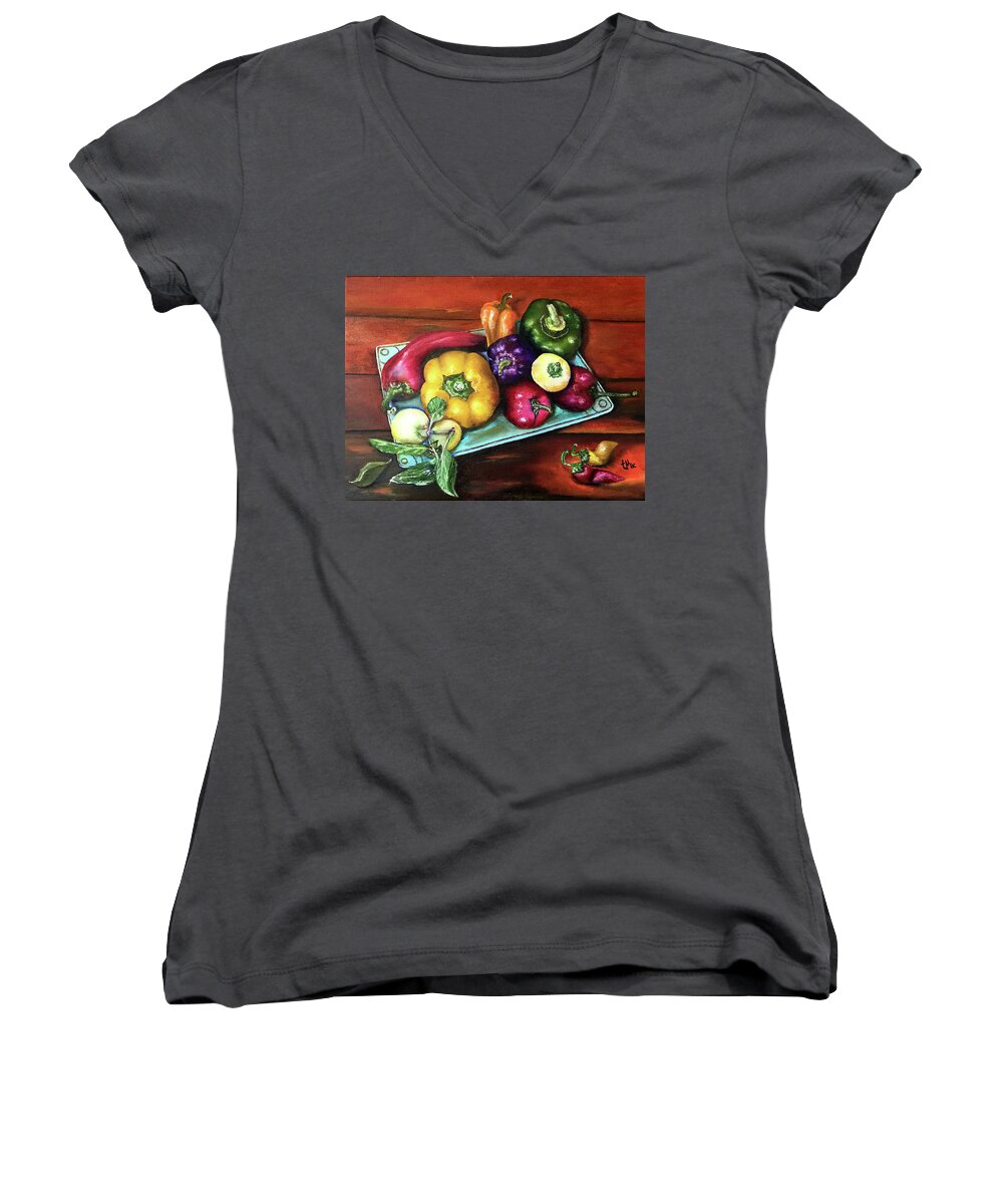 Still Life Women's V-Neck featuring the painting Peppers and a Turquoise Tray by Terry R MacDonald