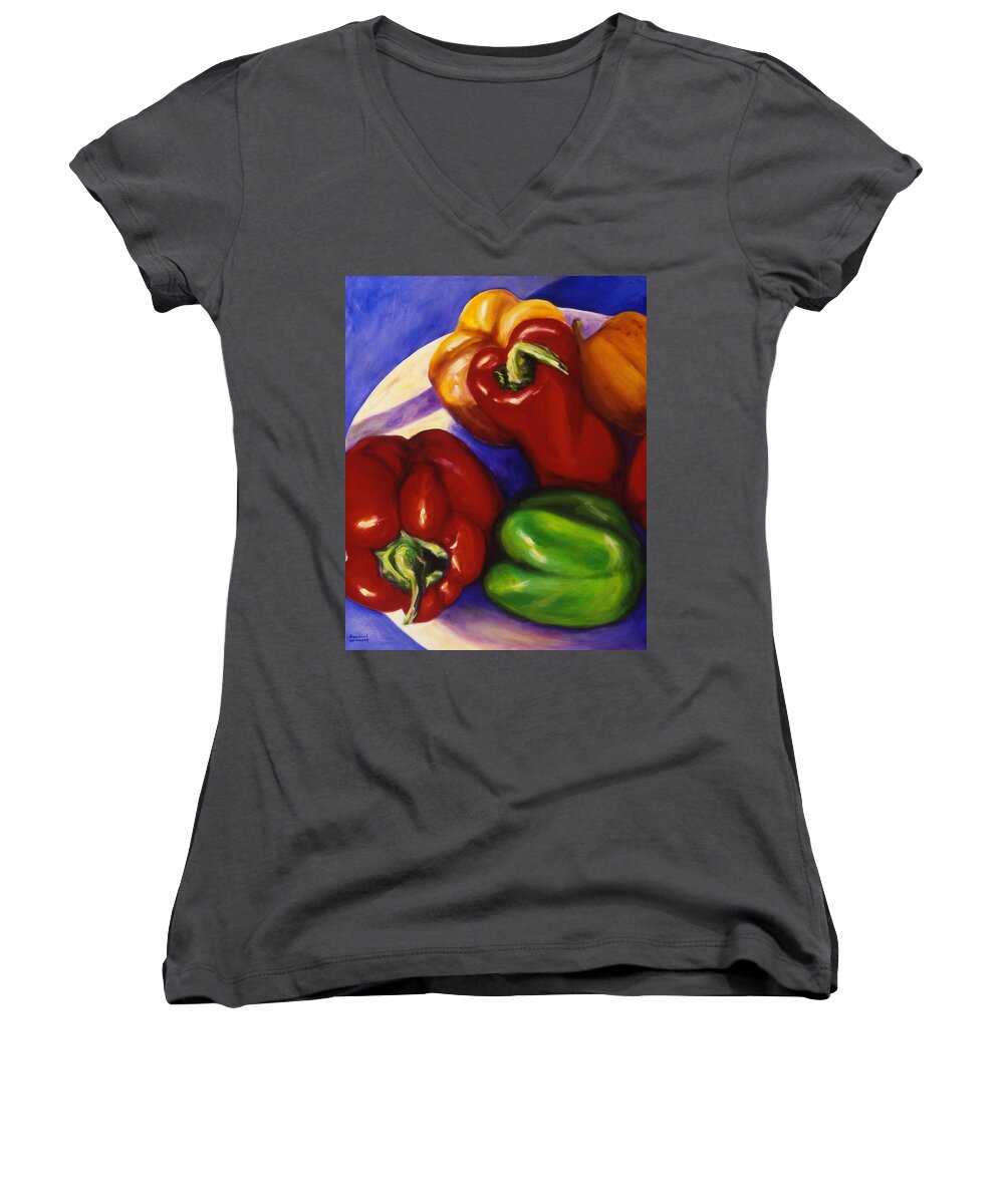 Still Life Peppers Women's V-Neck featuring the painting Peppers in the Round by Shannon Grissom