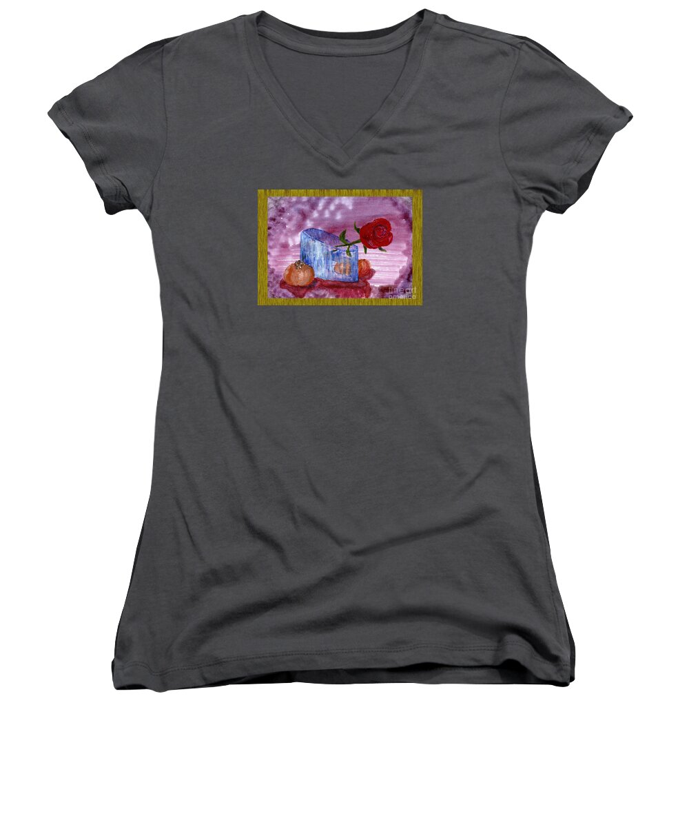 Still Women's V-Neck featuring the painting Persimmons And Rose by Victor Vosen