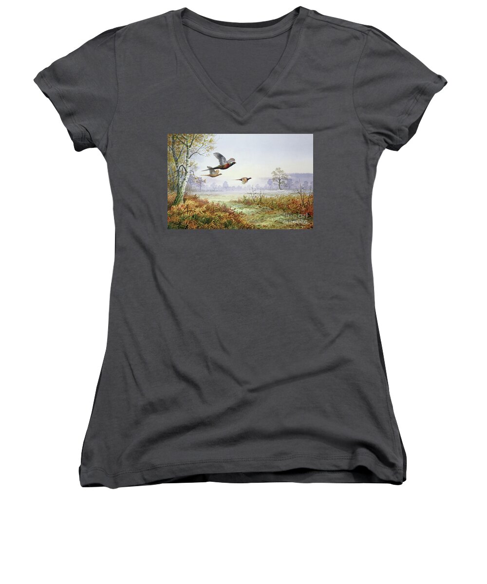 Pheasant Women's V-Neck featuring the painting Pheasants in Flight by Carl Donner