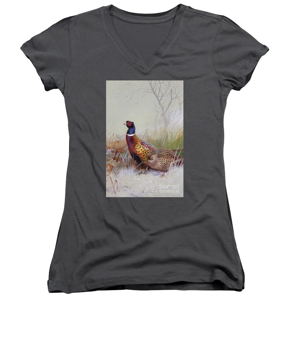 Pheasants In The Snow Women's V-Neck featuring the painting Pheasants in the Snow by Archibald Thorburn