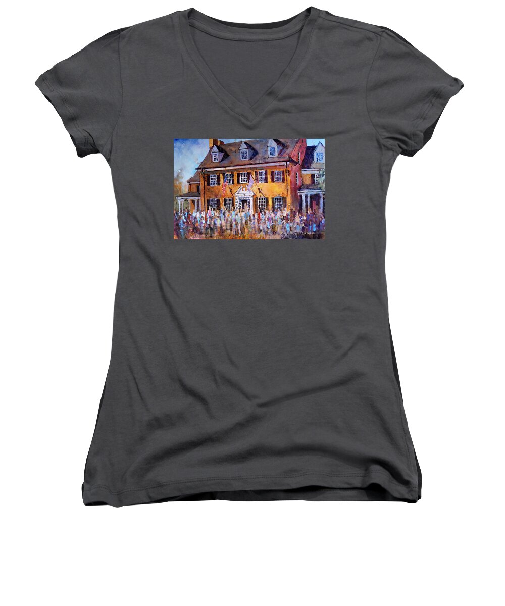 Phi Gamma Delta Women's V-Neck featuring the painting Phi Gamma Delta UNC by Dan Nelson