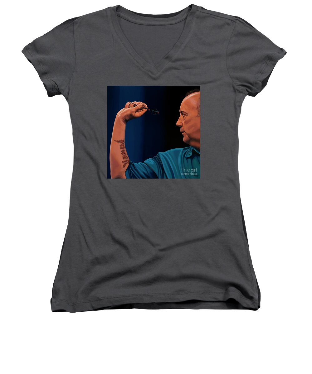 Phil Taylor Women's V-Neck featuring the painting Phil Taylor The Power by Paul Meijering