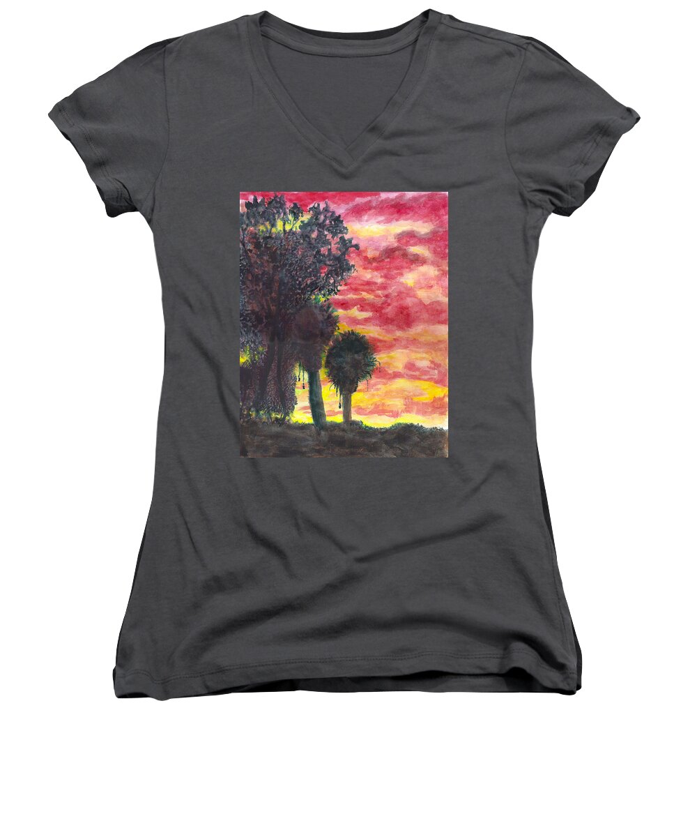 Phoenix Women's V-Neck featuring the painting Phoenix Sunset by Eric Samuelson