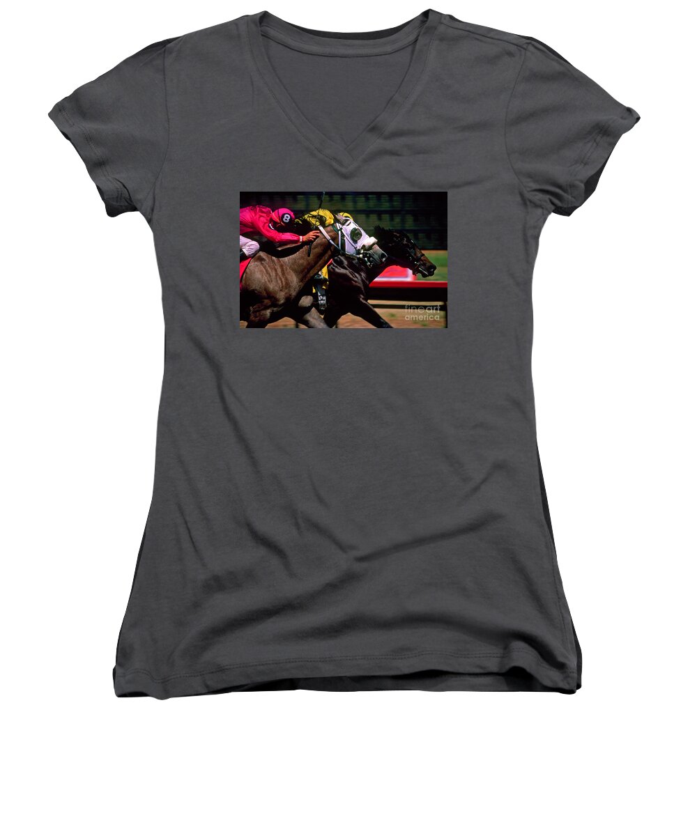 Horse Women's V-Neck featuring the photograph Photo Finish by Kathy McClure