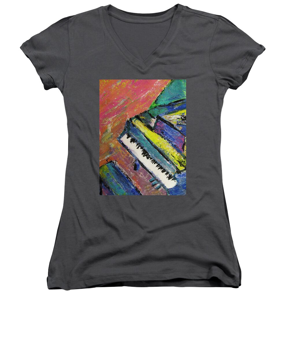 Music Women's V-Neck featuring the painting Piano with Yellow by Anita Burgermeister