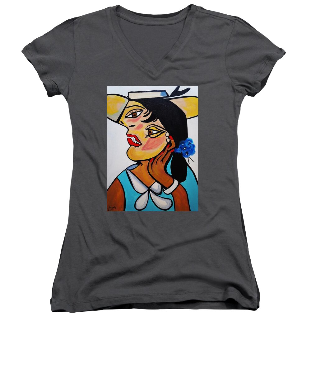 Picasso By Nora Women's V-Neck featuring the painting Yellow Hat Picasso by Nora Shepley