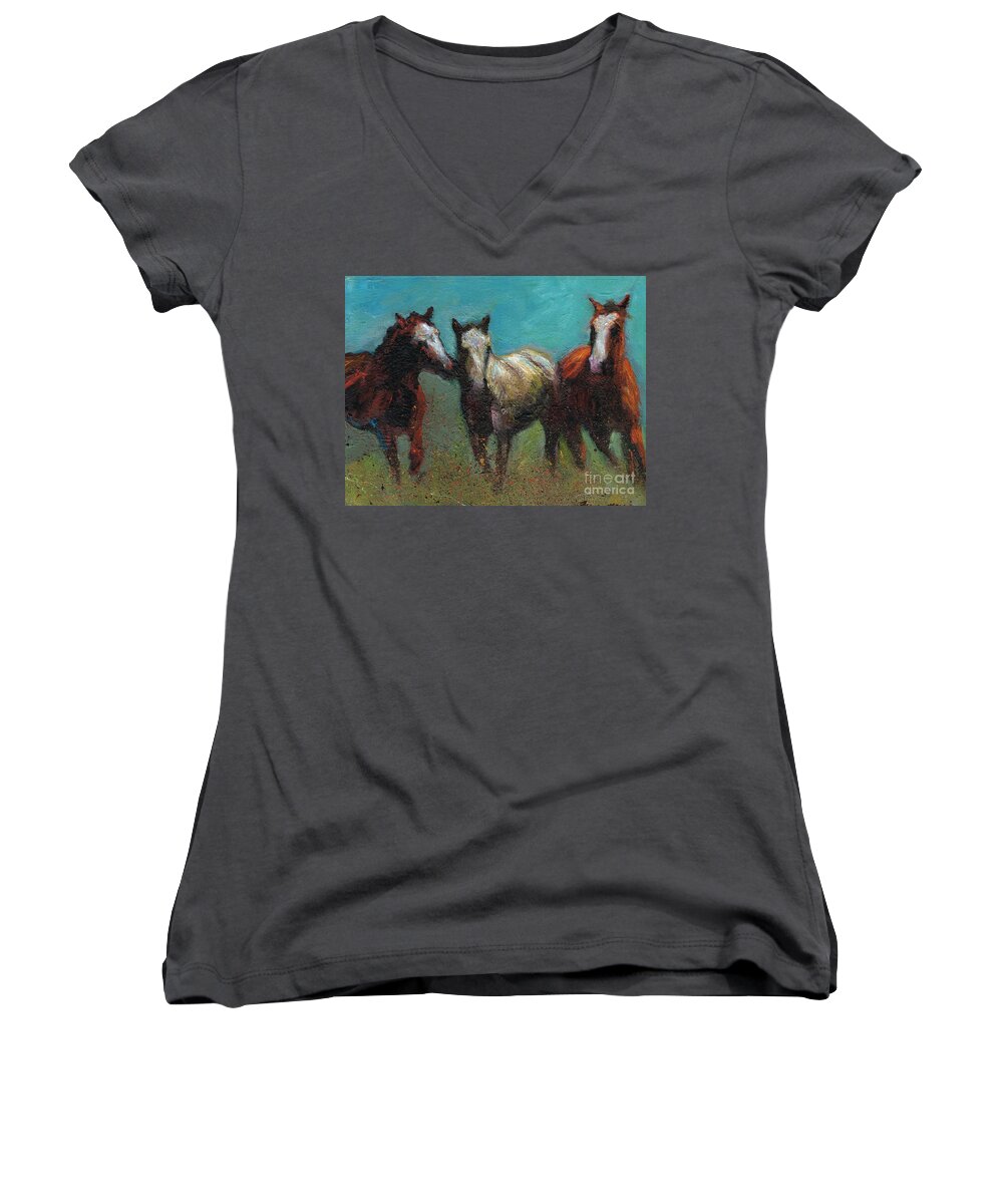 Horses Women's V-Neck featuring the painting Picking On The New Guy by Frances Marino