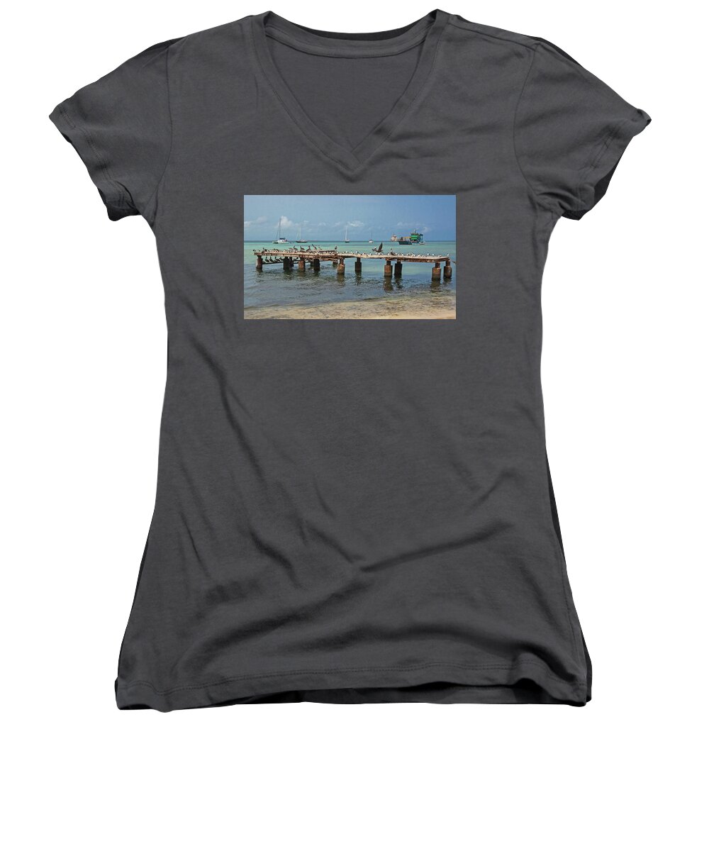 2016 Women's V-Neck featuring the photograph Pier for birds by Jean-Luc Baron