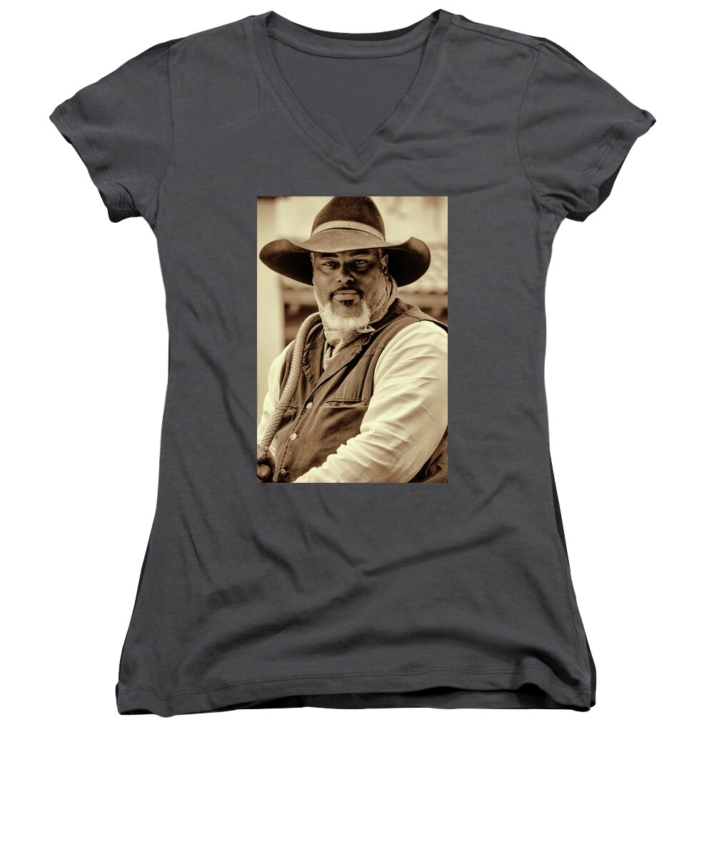 Cowboy Hat Women's V-Neck featuring the photograph Piercing Eyes of the Cowboy by Jeanne May