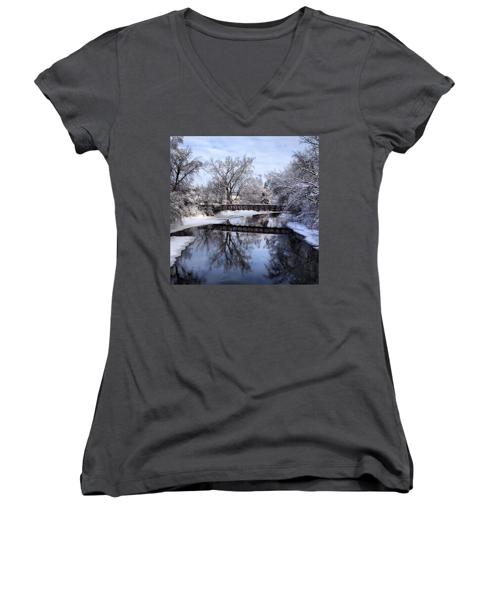 Alma Women's V-Neck featuring the photograph Pine River Foot Bridge from Superior in Winter by Chris Brown