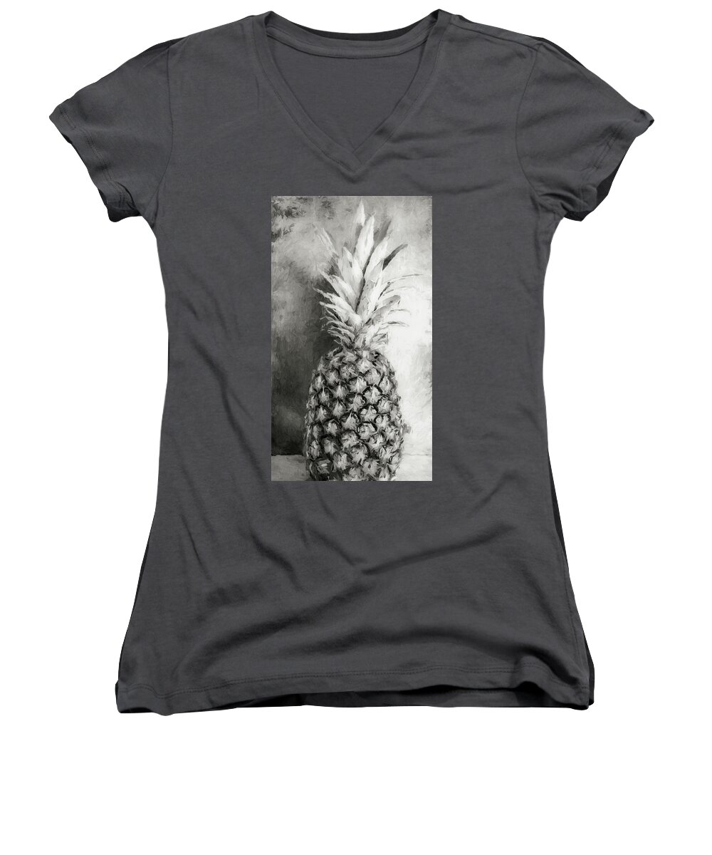 Bold Colors Women's V-Neck featuring the photograph Pineapple Black and White by Andrea Anderegg
