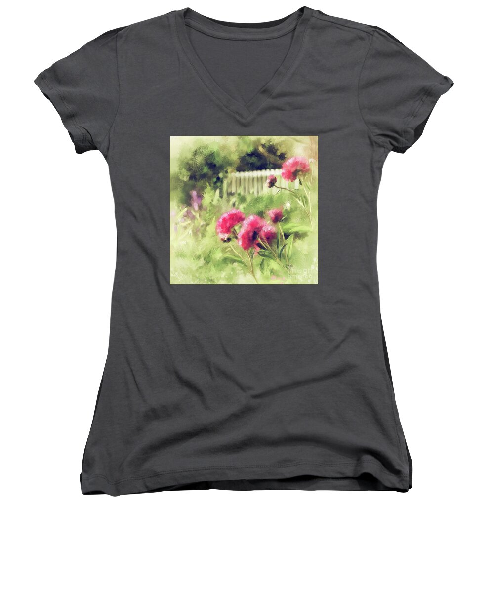 Peony Women's V-Neck featuring the digital art Pink Peonies In A Vintage Garden by Lois Bryan