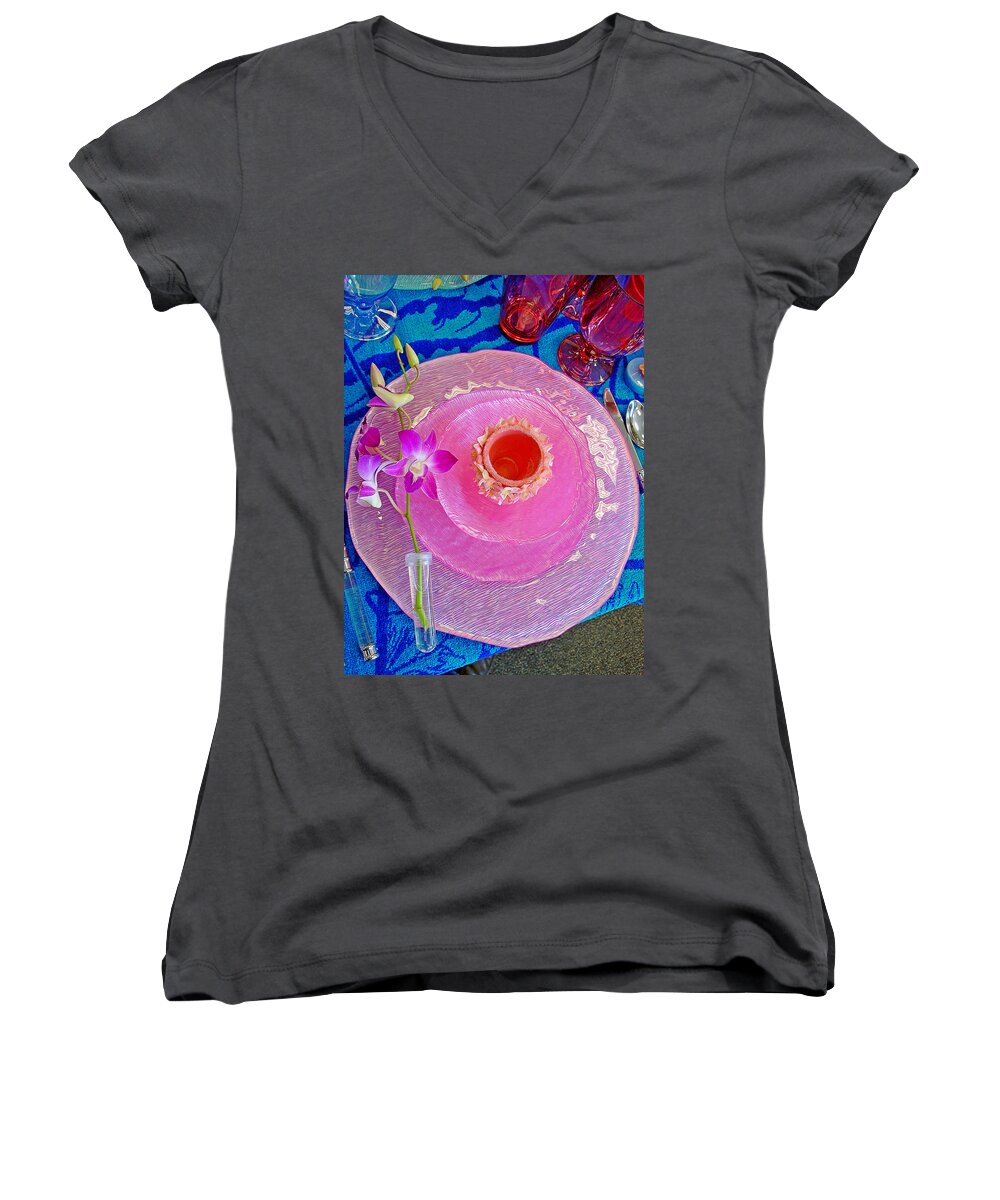 Pink Women's V-Neck featuring the photograph Pink Place Setting by Robert Meyers-Lussier