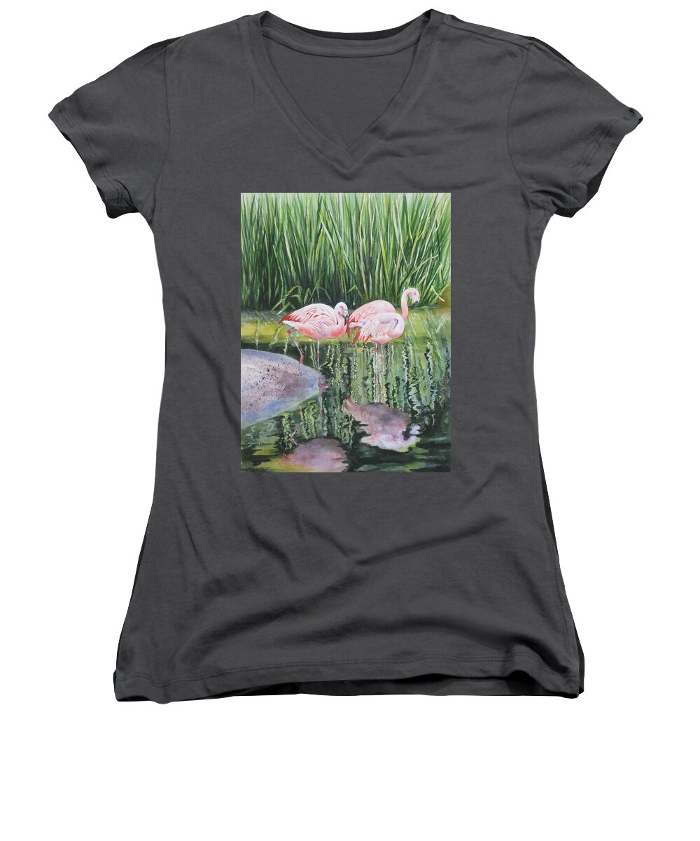 Flamingos Women's V-Neck featuring the painting Pink Trio by Mary McCullah