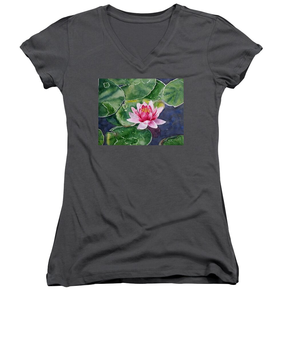 Flowers. Pink Women's V-Neck featuring the painting Pink Waterlily by Deane Locke