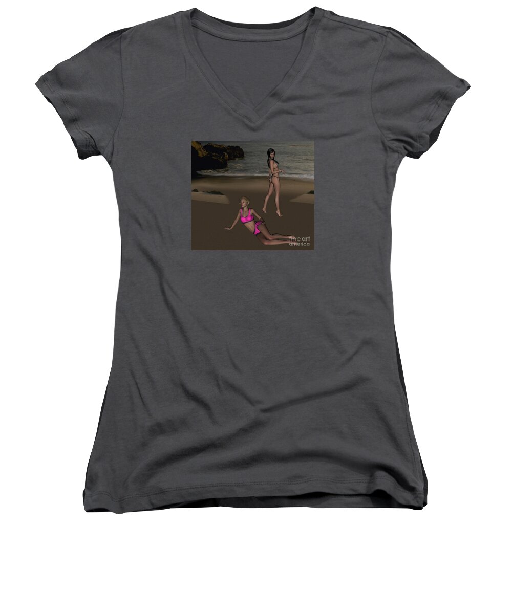 Pinups At Dusk Women's V-Neck featuring the digital art Pinups at Dusk by Stanley Morganstein