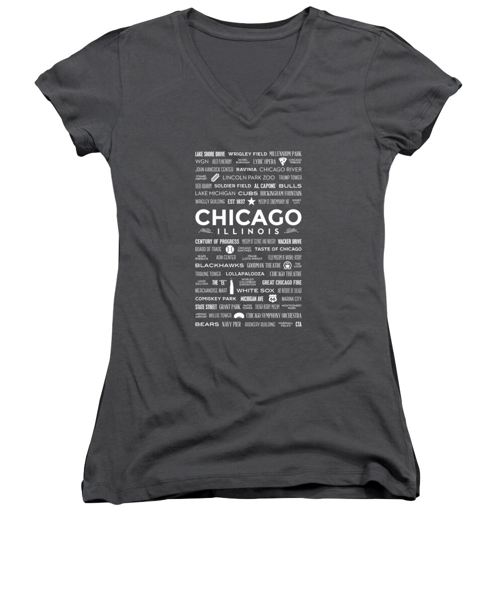 Chicago Women's V-Neck featuring the digital art Places of Chicago on Red Chalkboard by Christopher Arndt