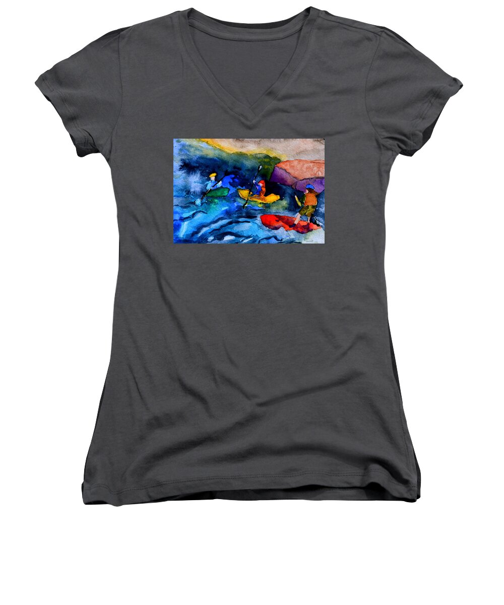 Kayak Women's V-Neck featuring the painting Platte River Paddling by Beverley Harper Tinsley